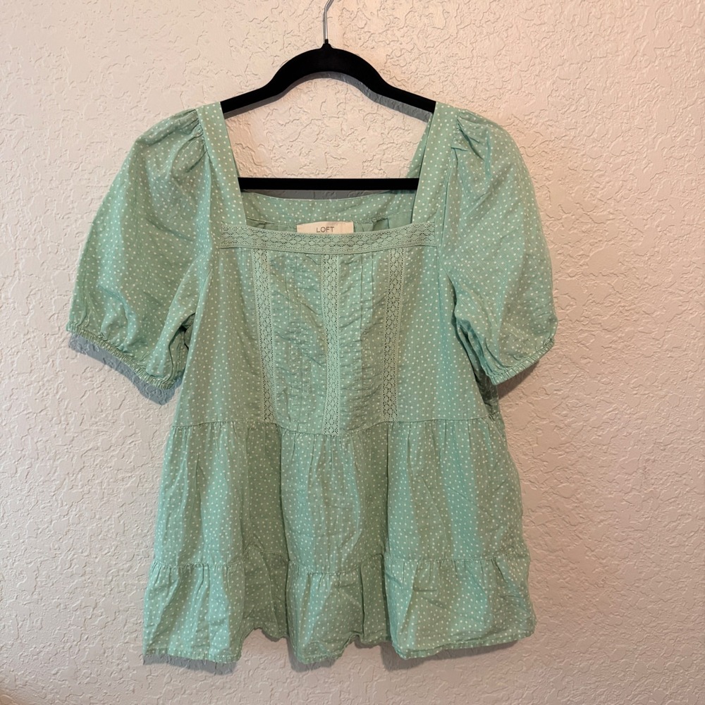 LOFT Polka Dot Lace Trim Babydoll Top Small Mint Green Cottagecore Boho